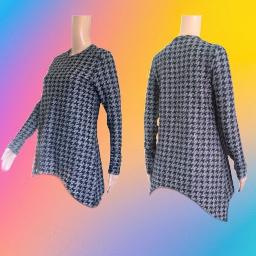 MCM Black Gray Silver Houndstooth Asymmetric Hemline Long Sleeve Tunic Sz S